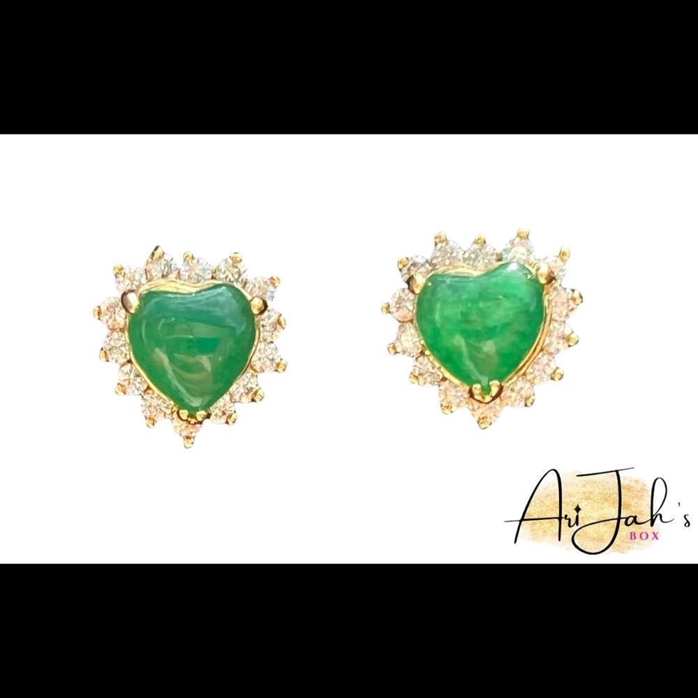 Gold Green Jade Diamond Heart Stud Earrings